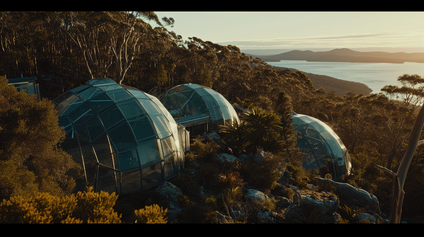 Aerial view of biosecure settlement in Tasmania 2060