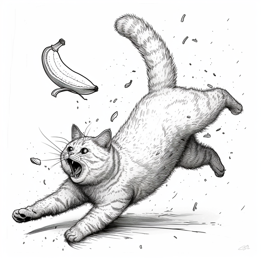 Funny cat slipping on banana peel