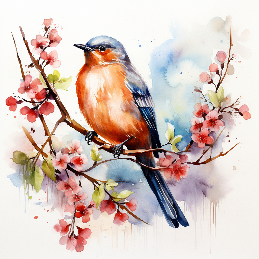 Bird on branch surrounded by flowers watercolor