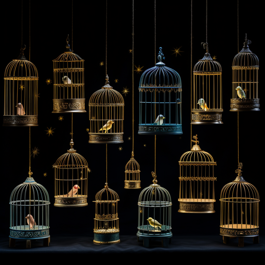 Pale colored bird cages with light and black background