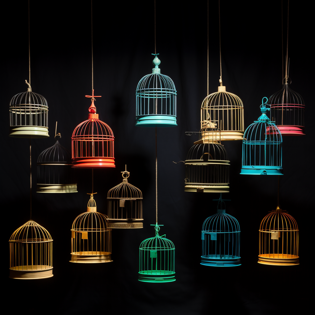 Colorful bird cages on black background