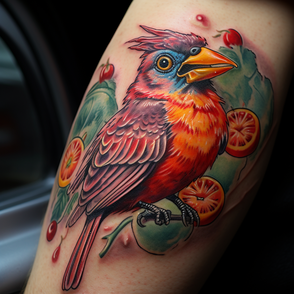 Bird Eating Pizza in Car Tattoo