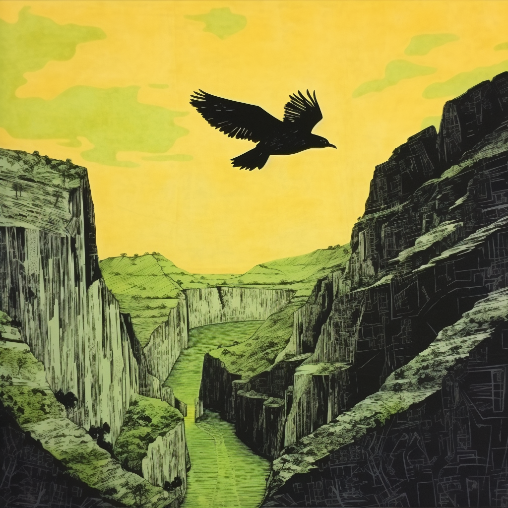 Flying bird over gorge in minimal risograph print