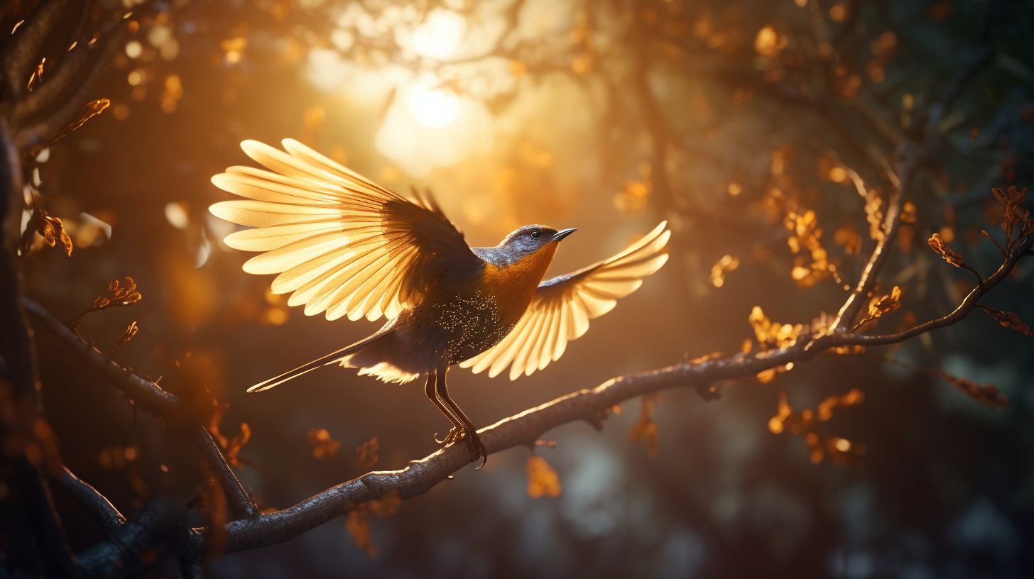 Bird with golden feathers landing on a tree branch