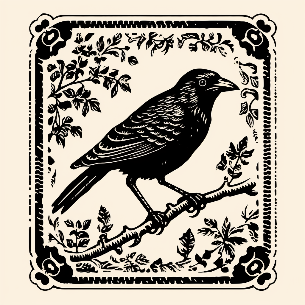 Black and white bird skeleton stamp illustration