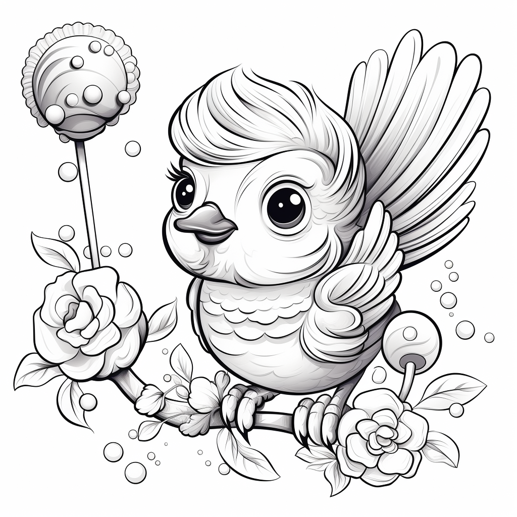 Coloring page of a bird carrying sweets and lollipops