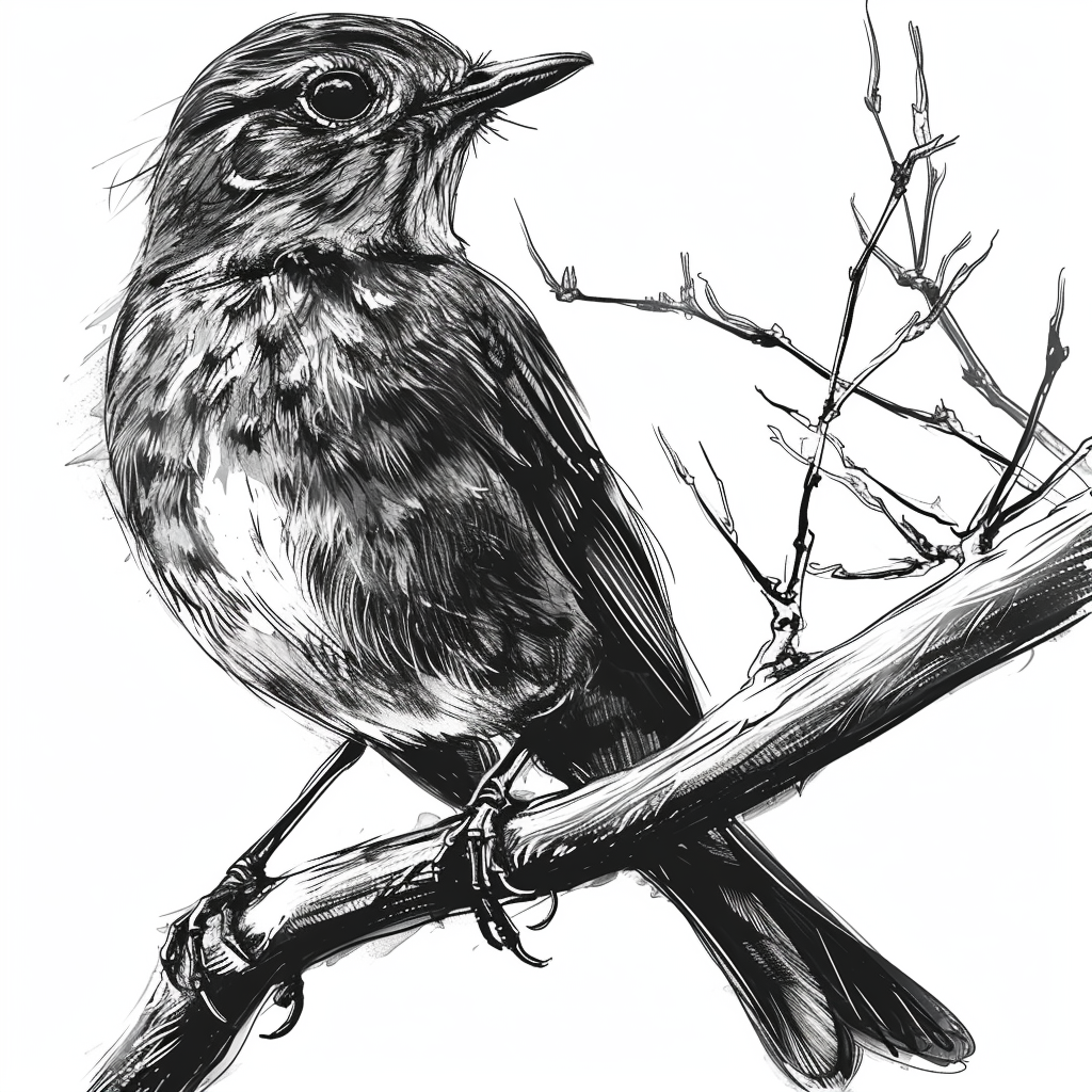 Handdrawn bird illustration in black ink