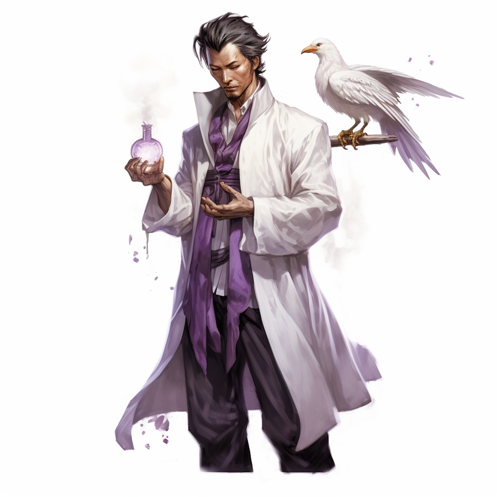 Male birdfolk doctor holding syringe of glowing purple liquid