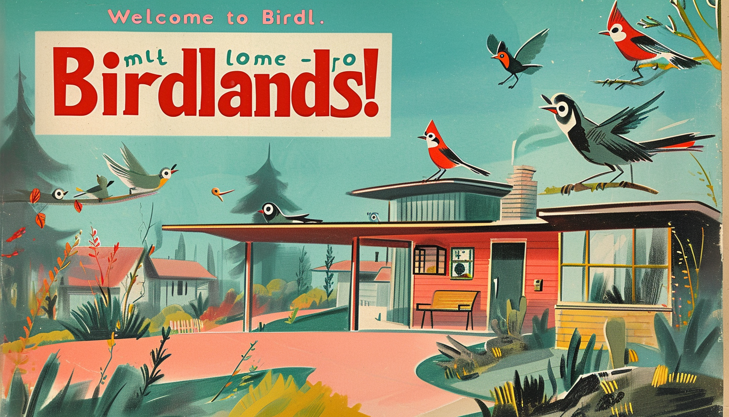 Cheerful cartoon birds in Birdlands advertisement