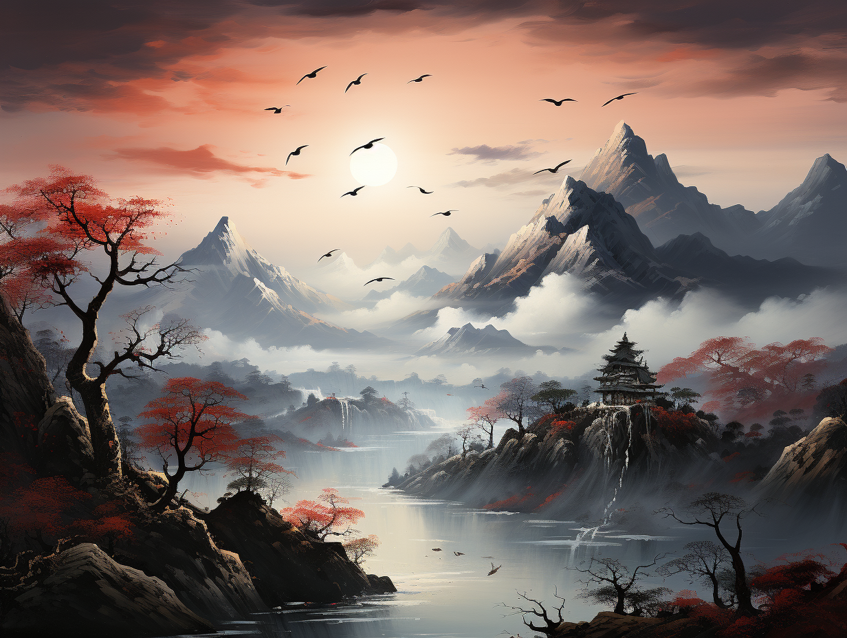 Birds Soaring Snowy Mountain Chinese Landscape Painting