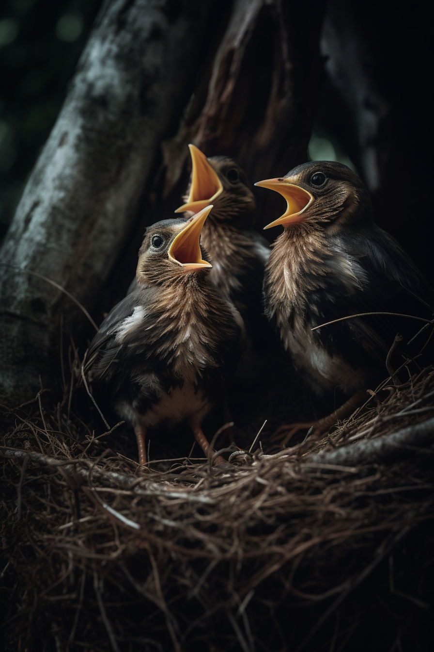 Four birds chirping in nest