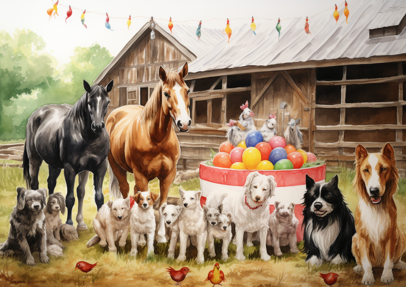 Colorful barnyard birthday scene