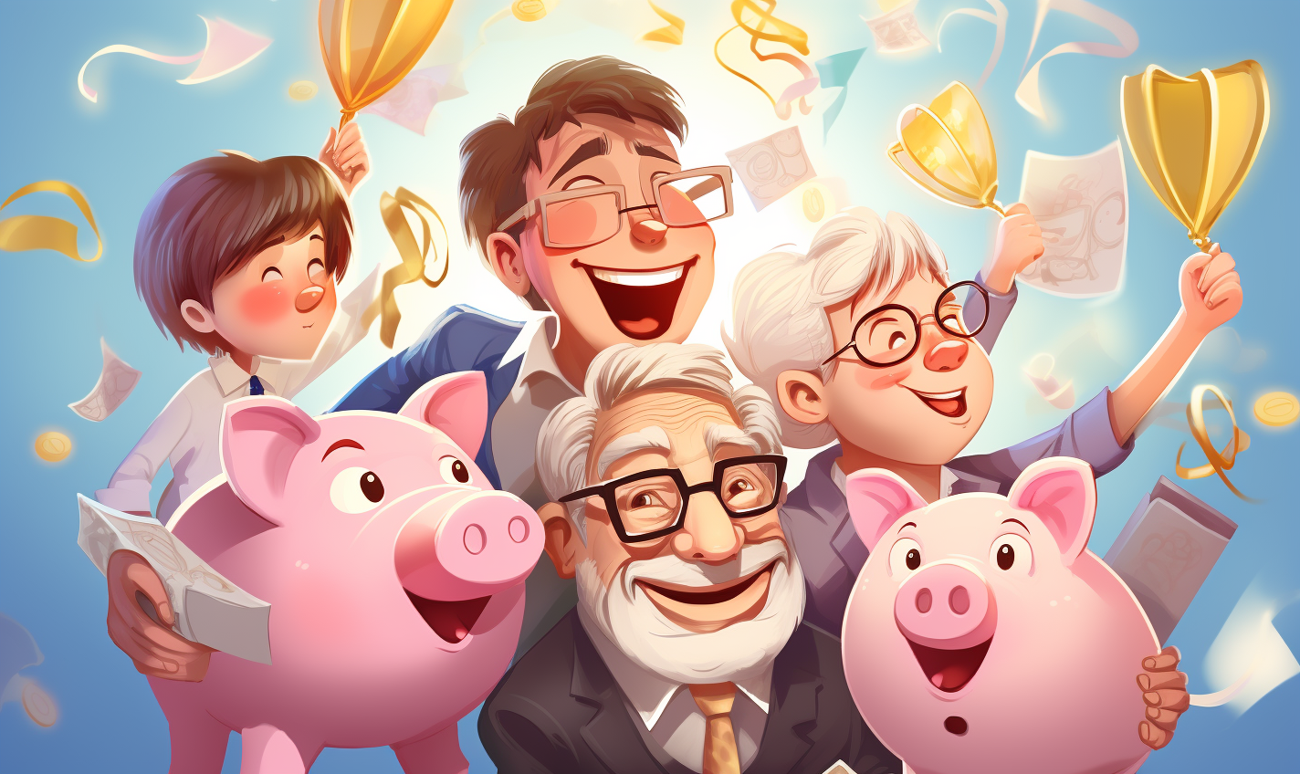 Cartoon characters celebrating fun birthday with piggy bank