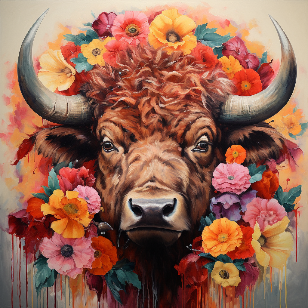 Bison with Colorful Flowers Painting