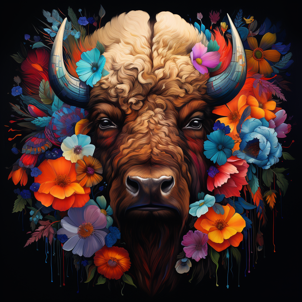 Bison with Colorful Flowers