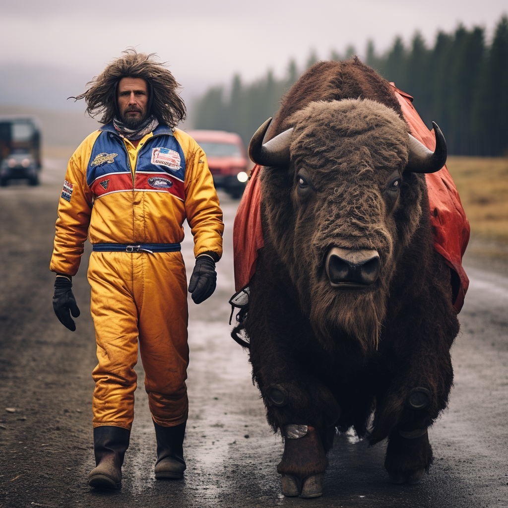 Bison dressed as racecar drivers