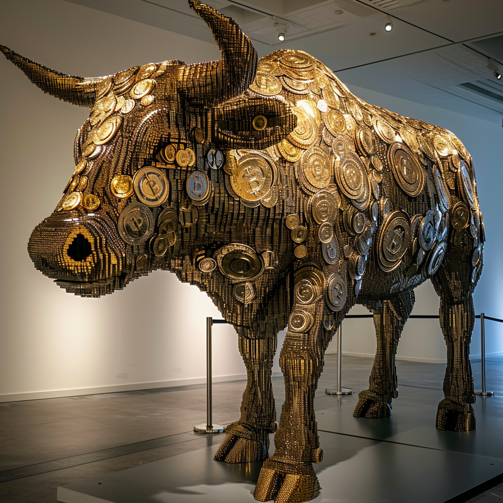 Bitcoin bull statue made of bitcoin coins