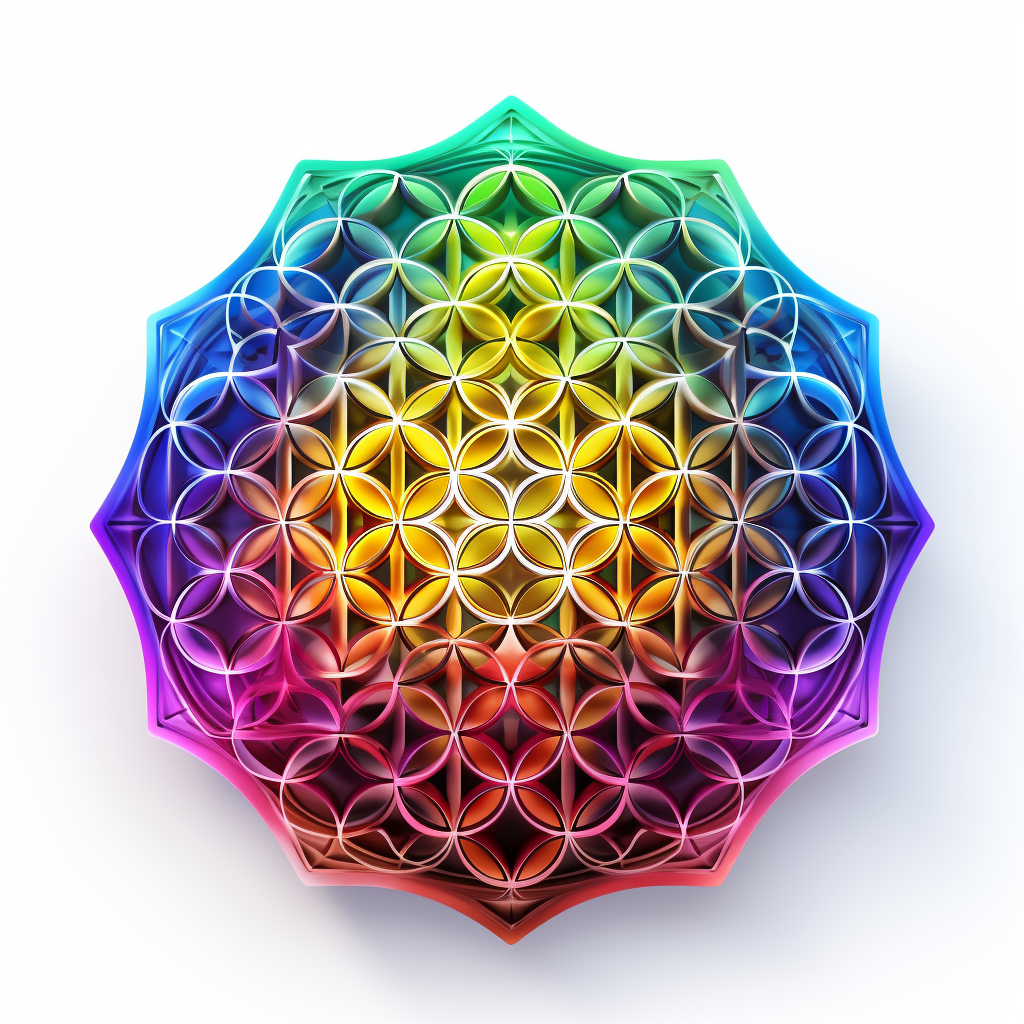 Rainbow-colored Bitcoin Flower of Life logo