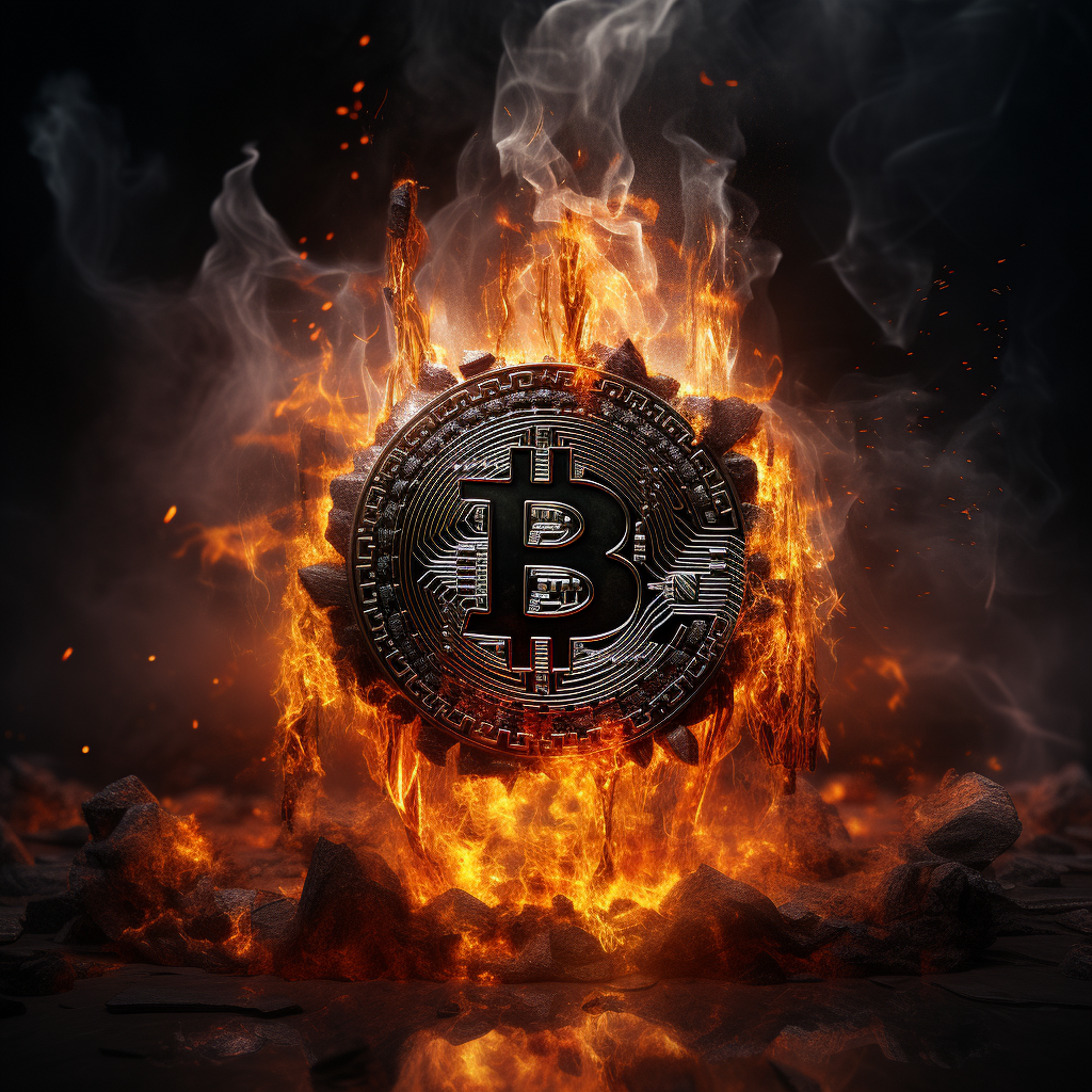 Bitcoin logo on fiery lava background