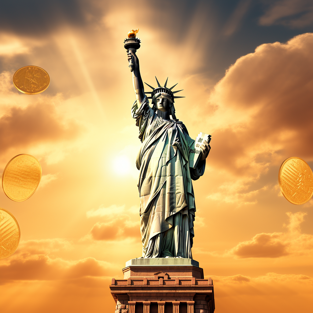 Golden Statue of Liberty with Bitcoin Logo