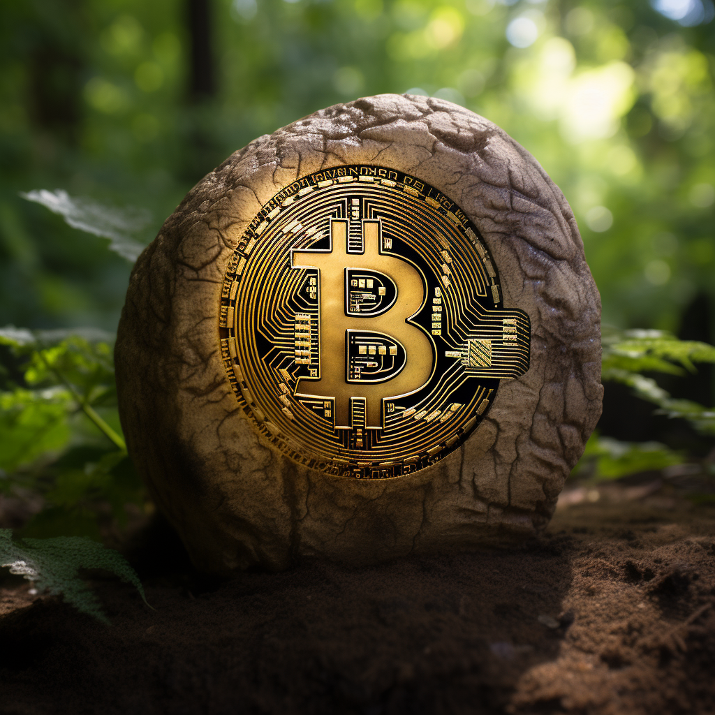 Bitcoin in stone in forest