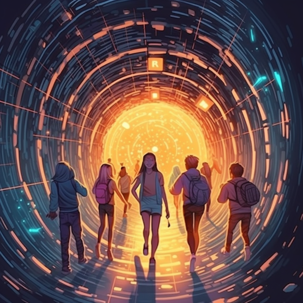 Group of happy teenagers entering a Bitcoin tunnel