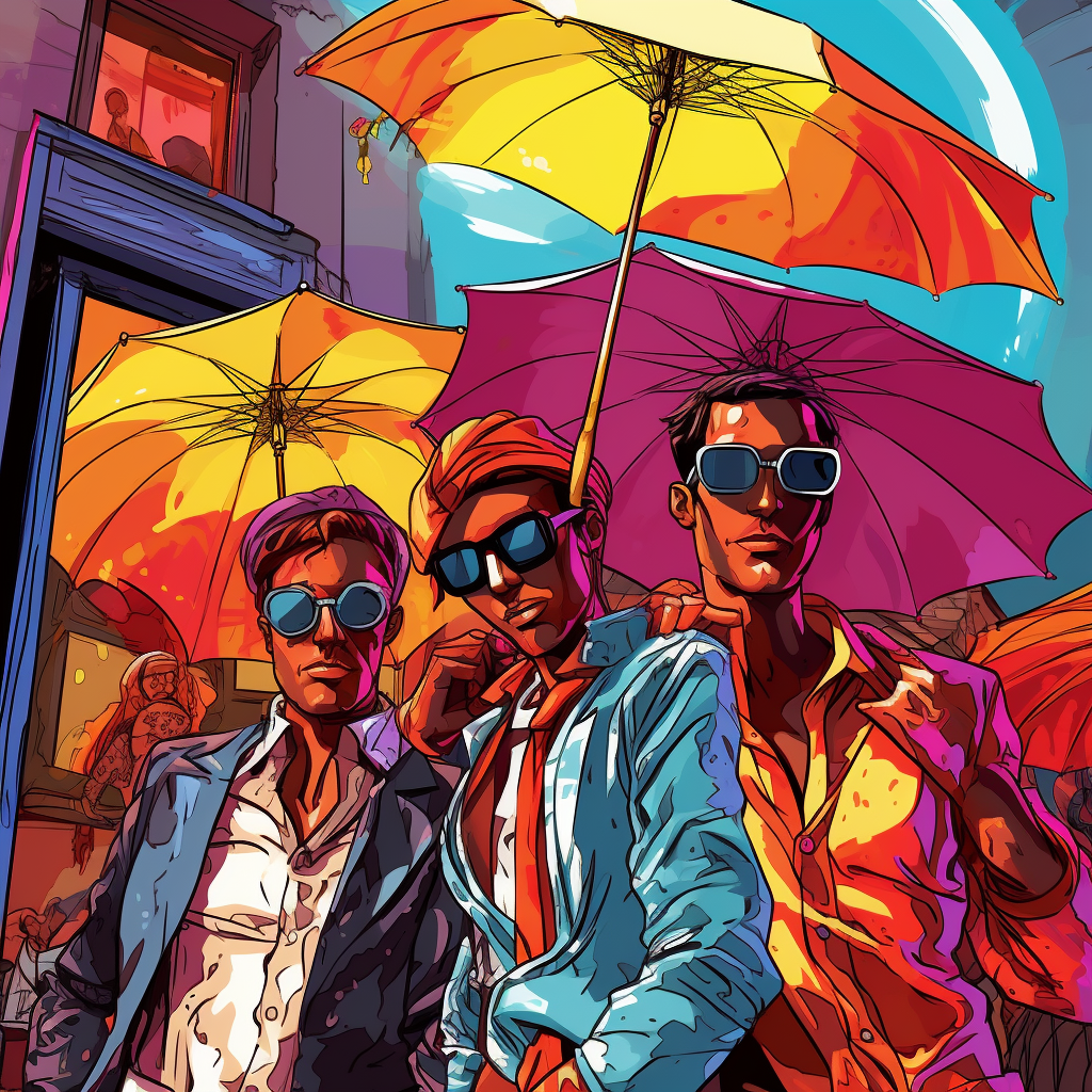 Four young guys with sunglasses and umbrellas