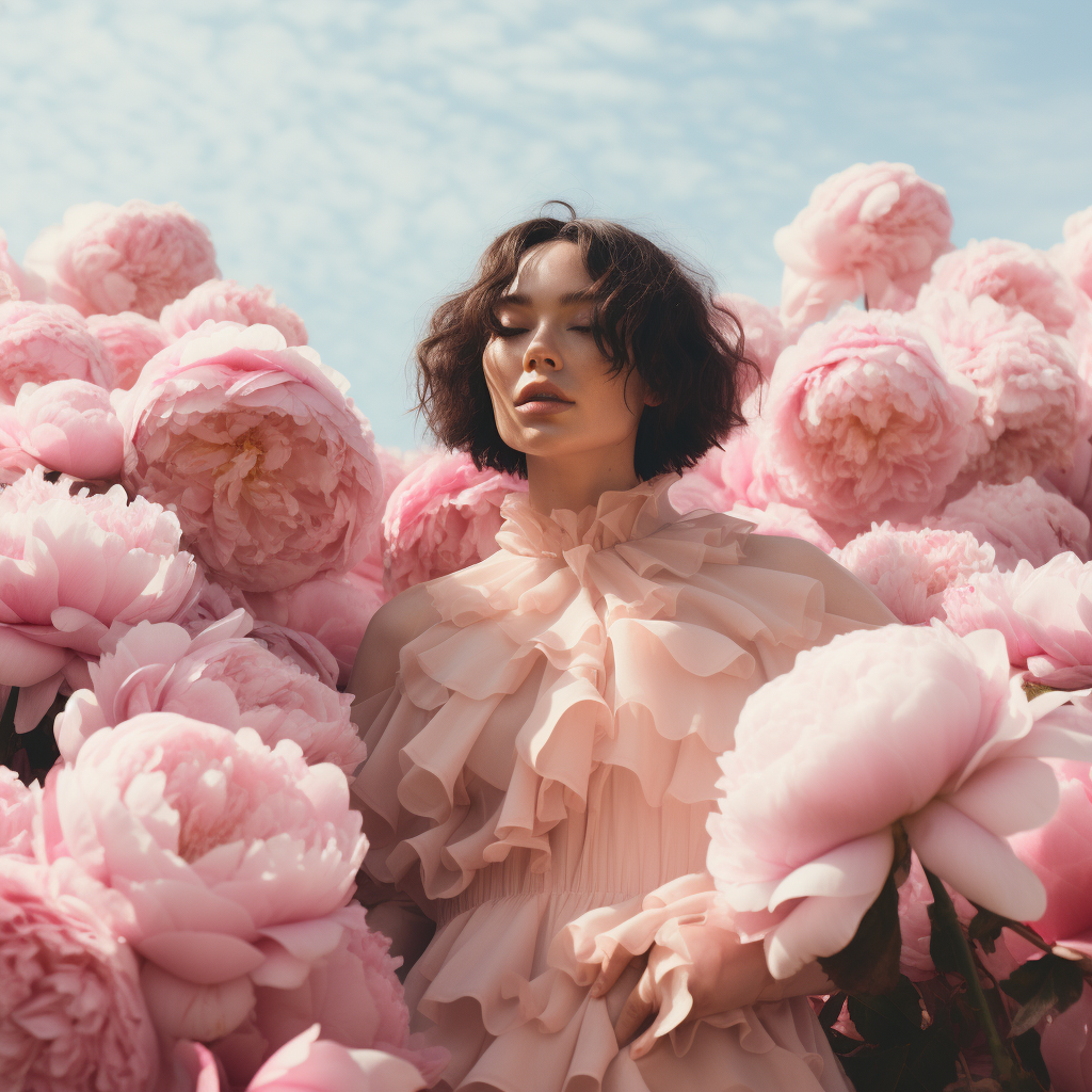 Woman standing in field surrounded by pink and white peonies