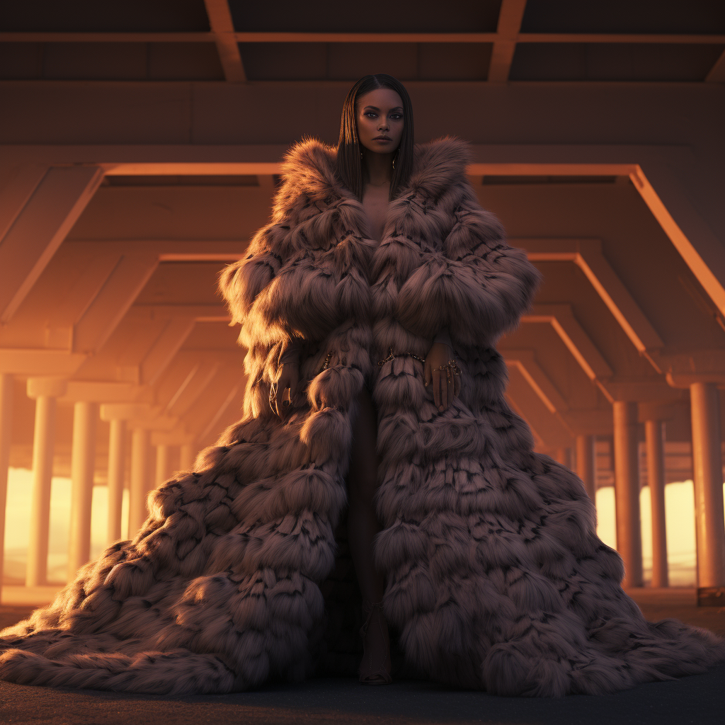 Woman in oversized fur coat with dramatic lighting