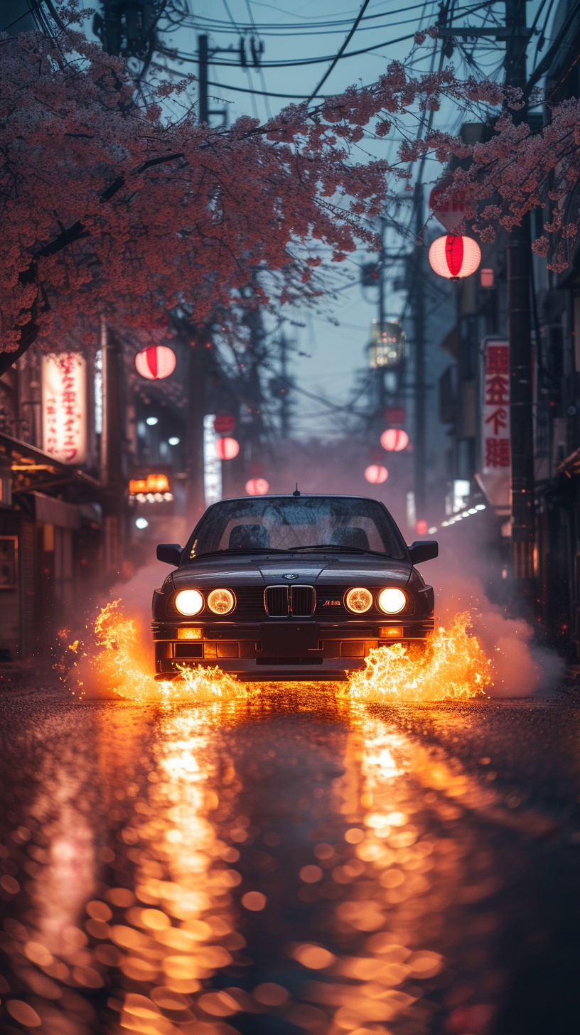 Flaming burnout by black BMW M3