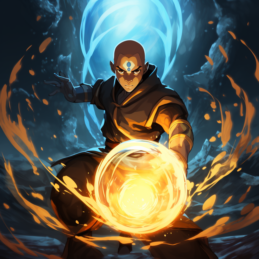 Black Aang bending water with glowing eyes