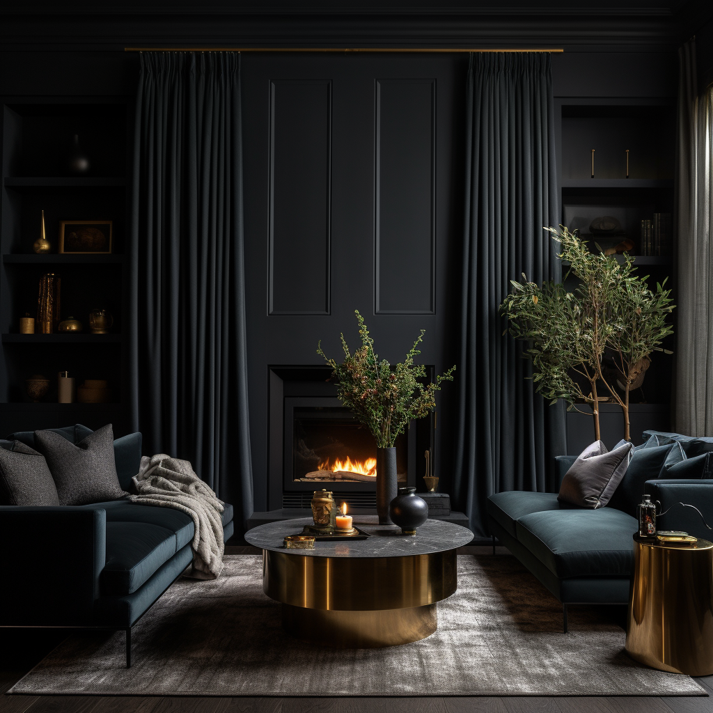 Black Accent Wall with Fireplace and Gold Curtains