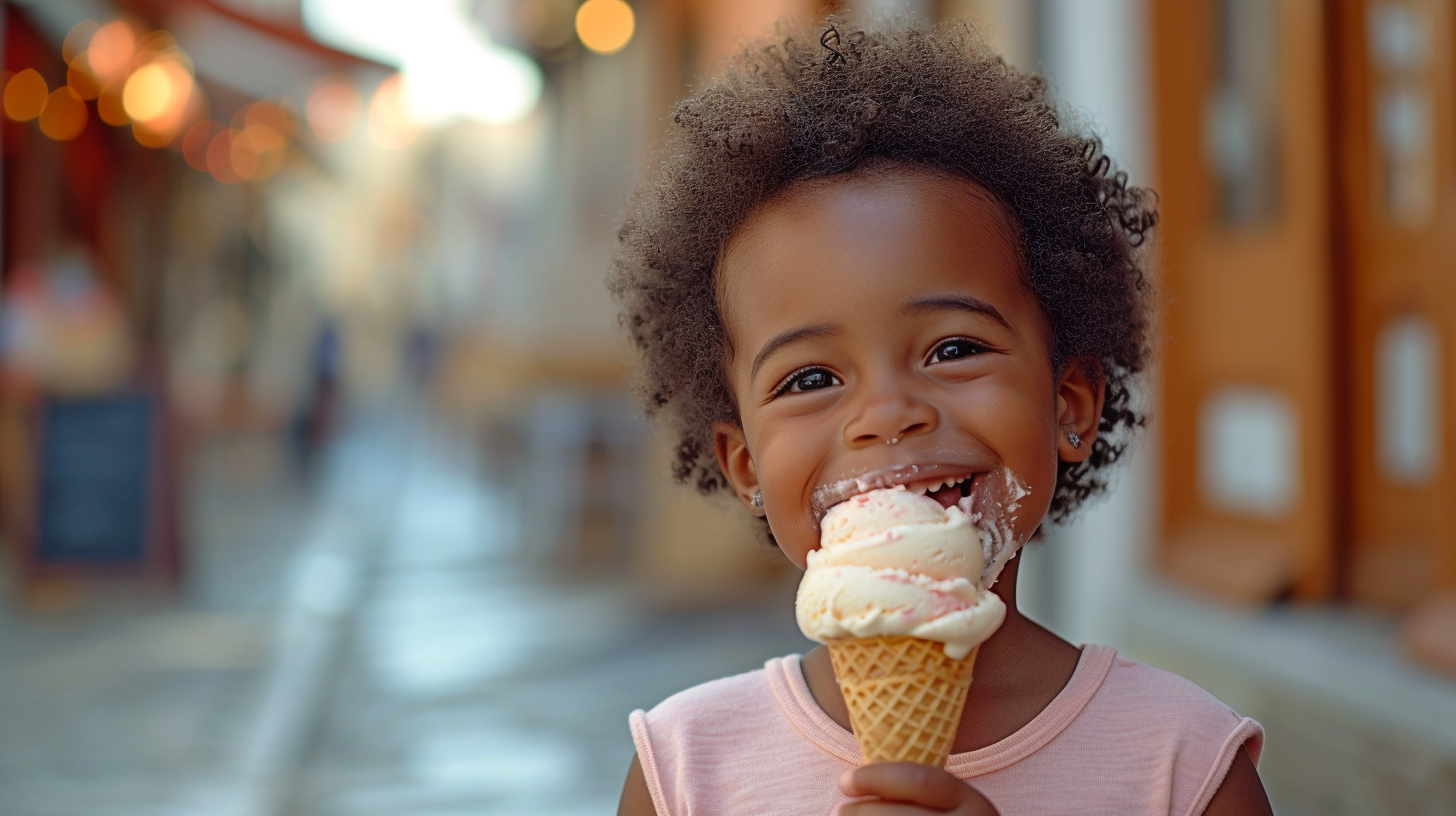 Cute boy eating gelato outside