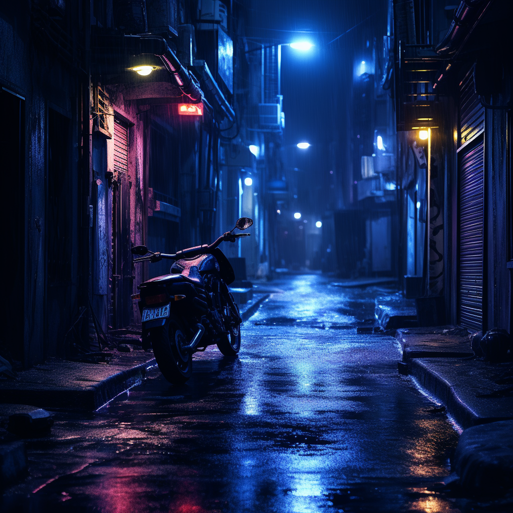 Motorcycle in Rainy Black Alley