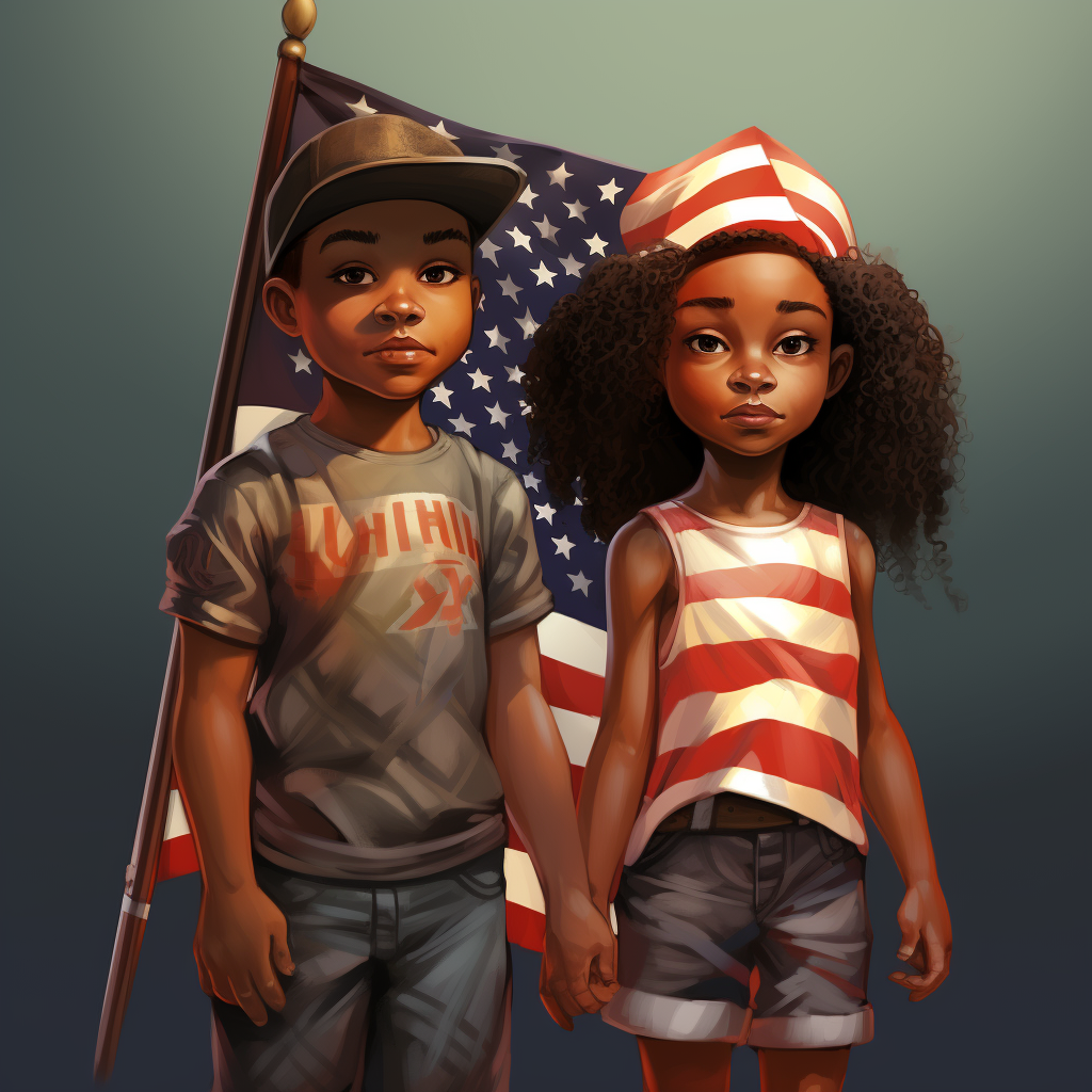 Black American young boy and girl with flag