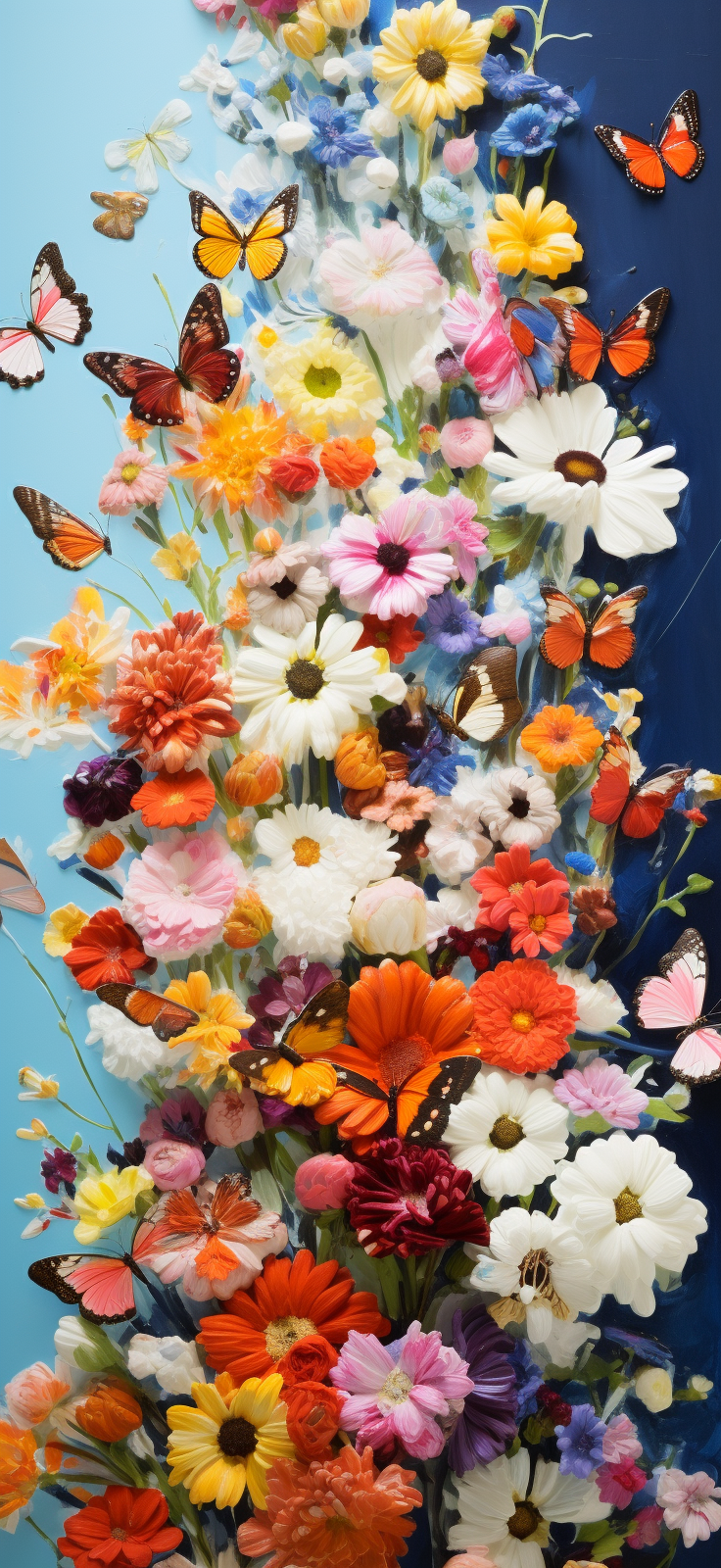 Black and white butterflies among colorful flowers