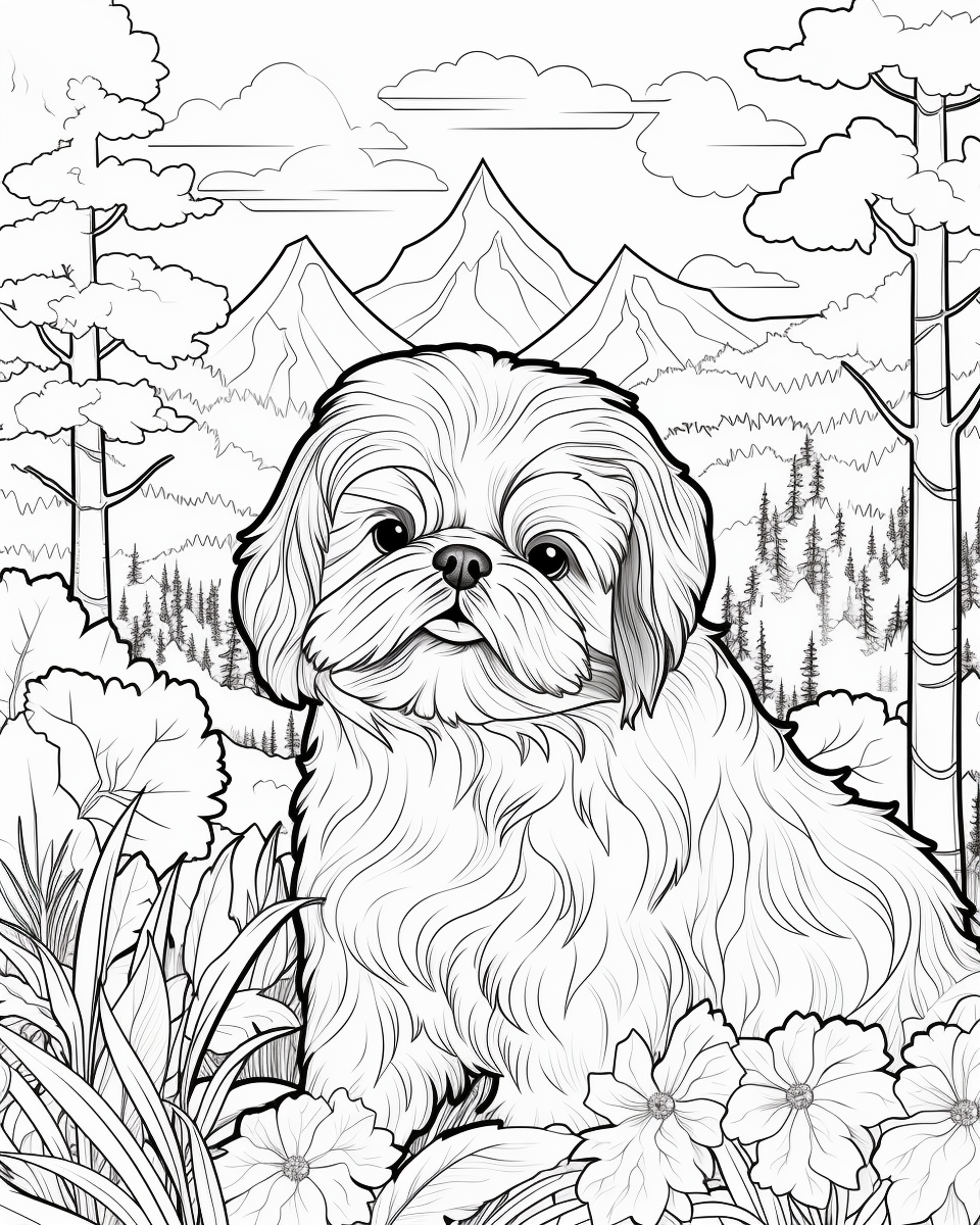 Black and White Shih Tzu with Forest Background