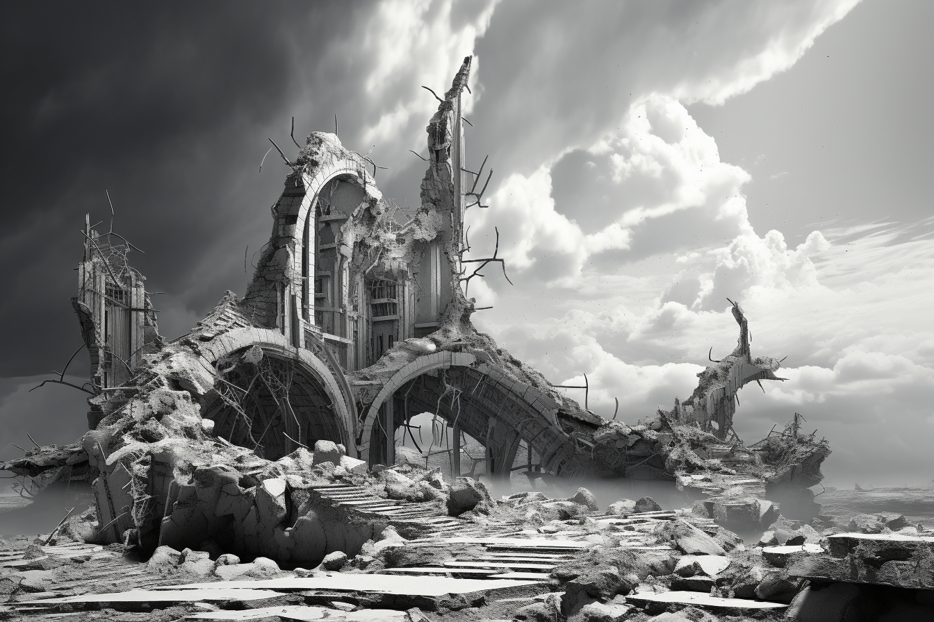 Black and white image of futuristic building ruins