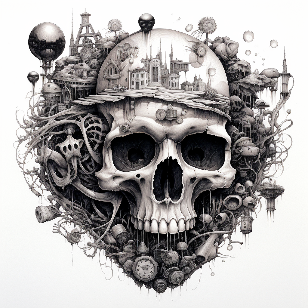 Steampunk Mushrooms Skull Drawing