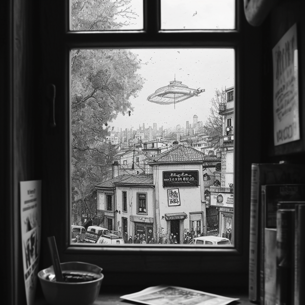 Fine line dotwork black and white tattoo sketch viewed through an open window frame