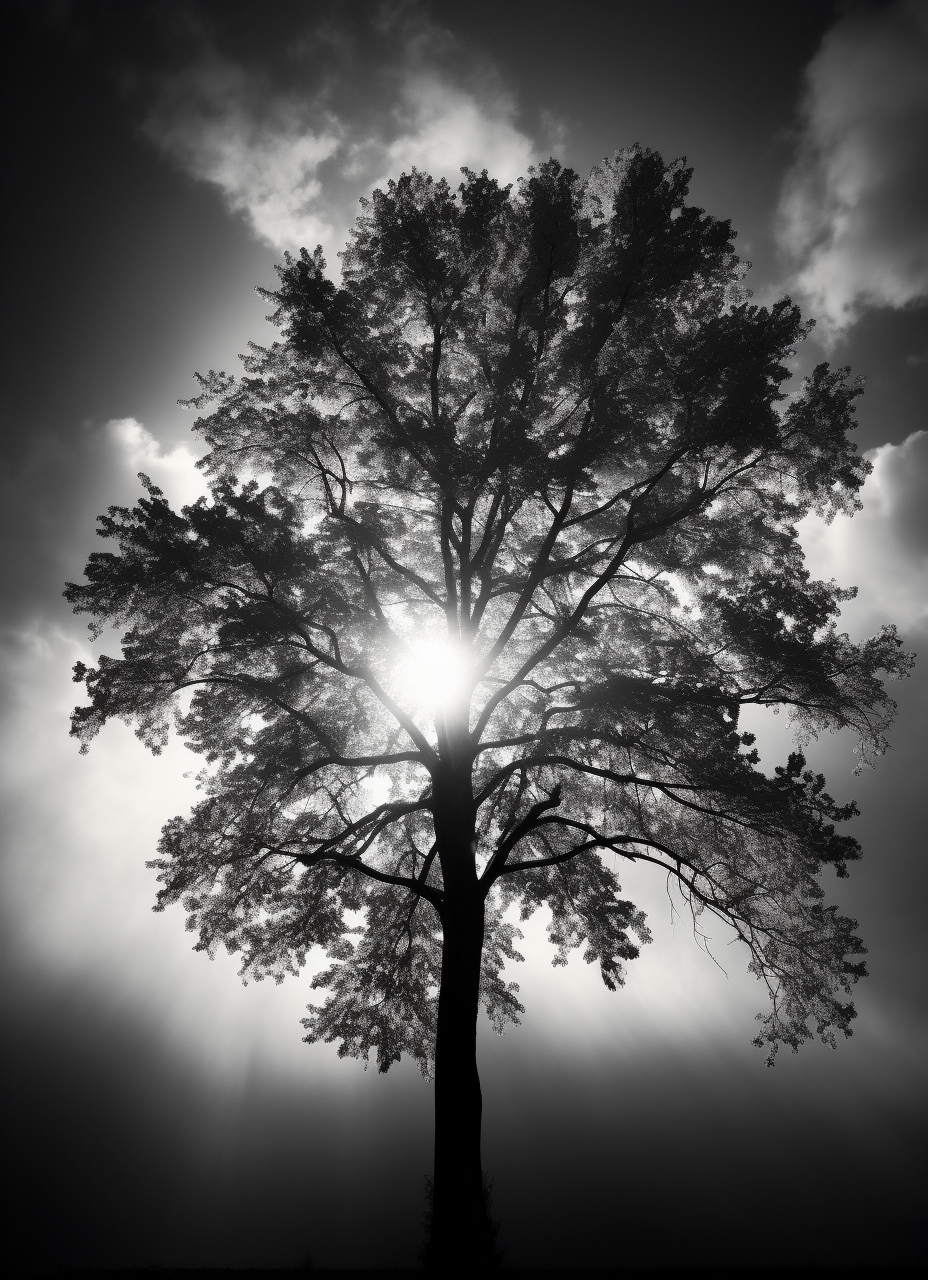 Black and white tree with detailed leaves