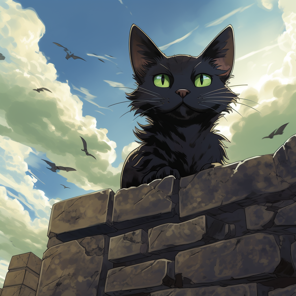 Black anime cat with yellow-green eyes on wall