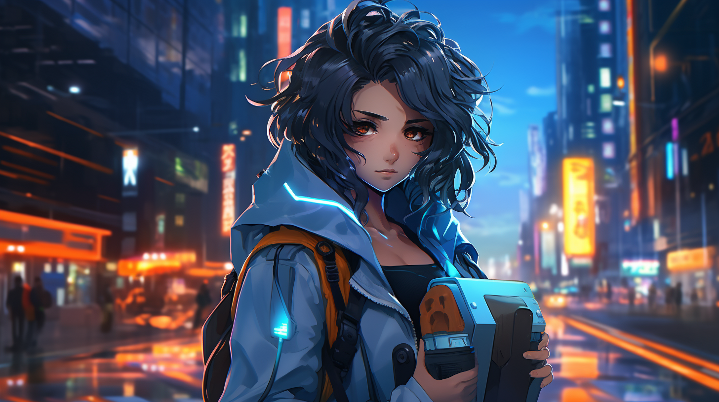 Black Asian Anime Character with Bag in Neon City