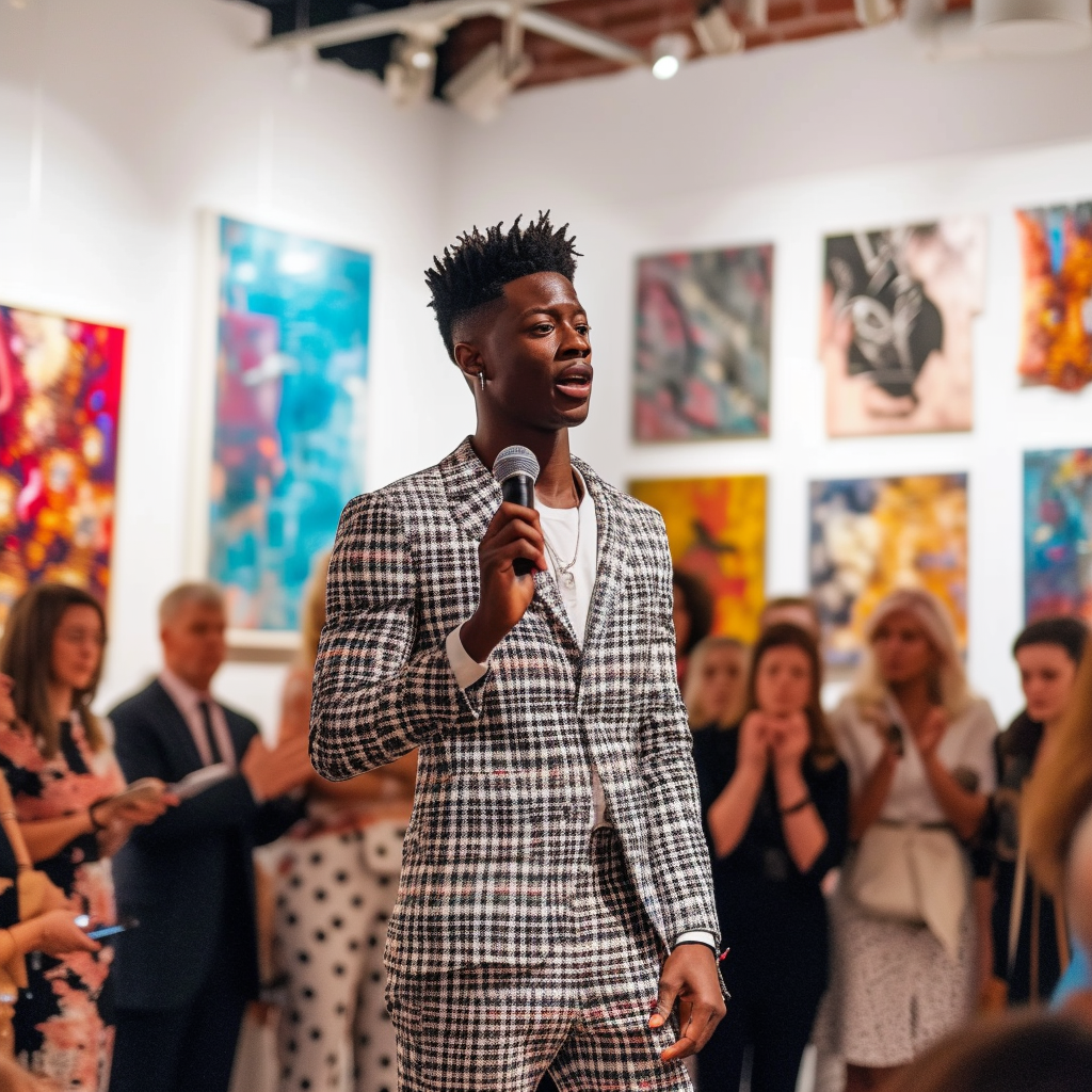 Black auctioneer in vibrant art gallery