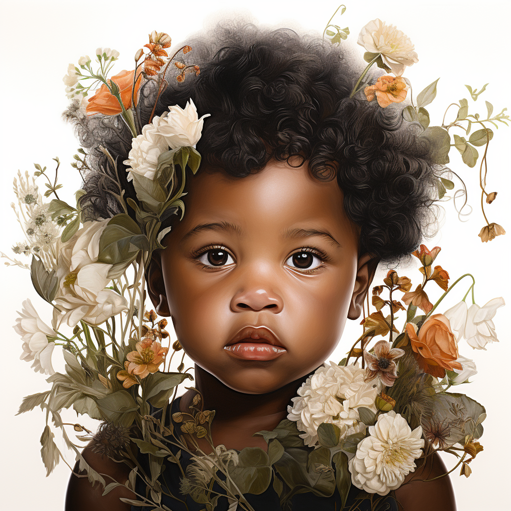 Adorable black baby surrounded by flowers