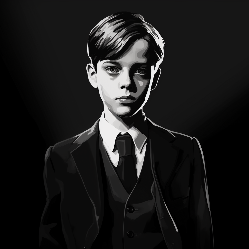 Boy imagining as corrupt politician on black background