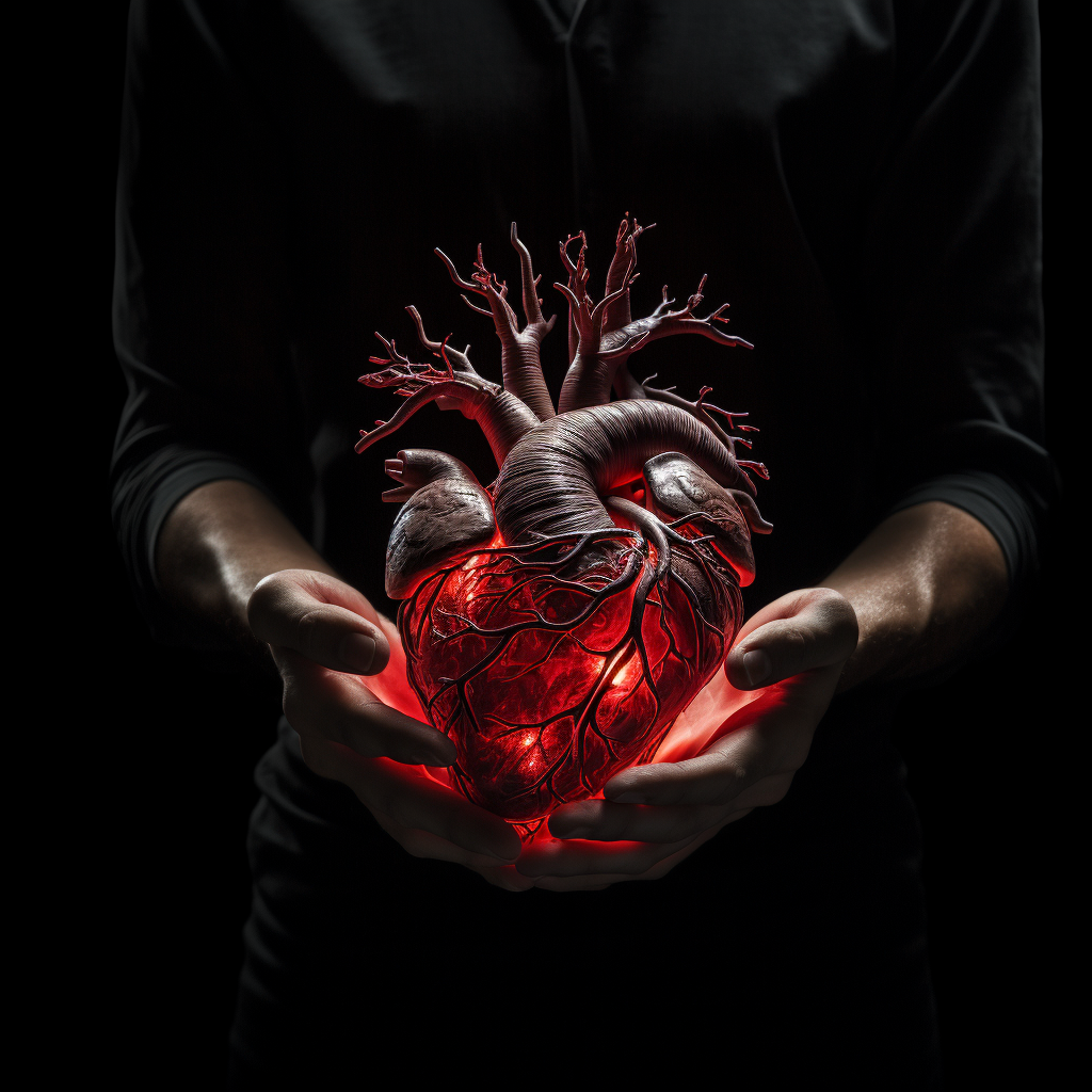 Hand holding human heart