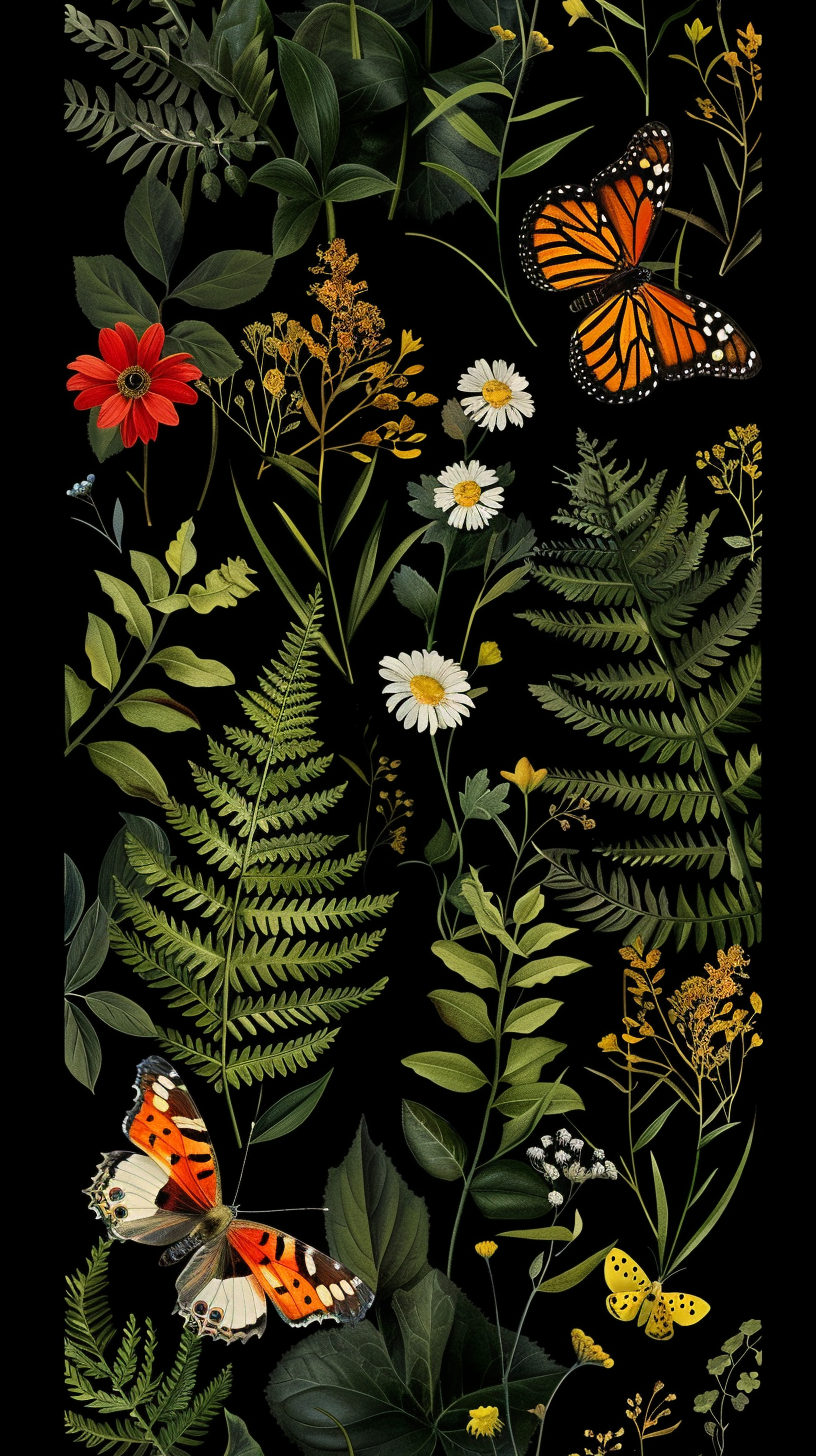 Floral Fern Butterflies Black Background