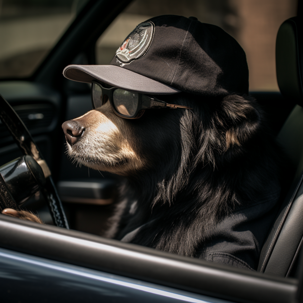 Black bear wearing a baseball cap in a stylish photograph