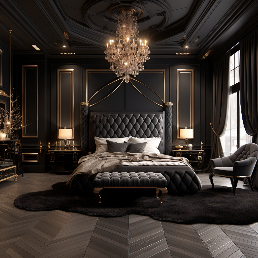 Elegant black bedroom with silk and satin elements